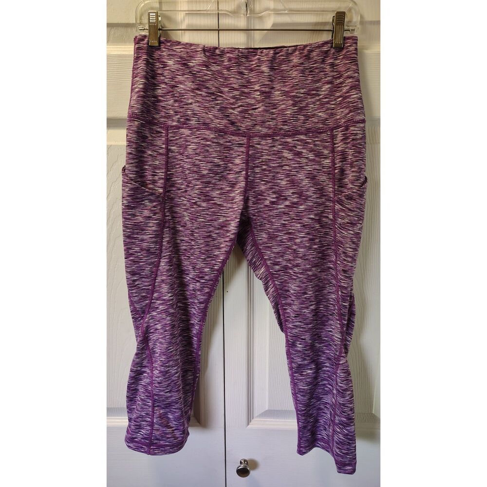 ODODOS High Waisted Cropped Leggings with Pockets – Purple Space Dye, Size Large